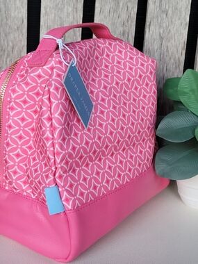 Draper James Pink Patterned Geometric Insulated Nylon & Leatherette Lunch Tote